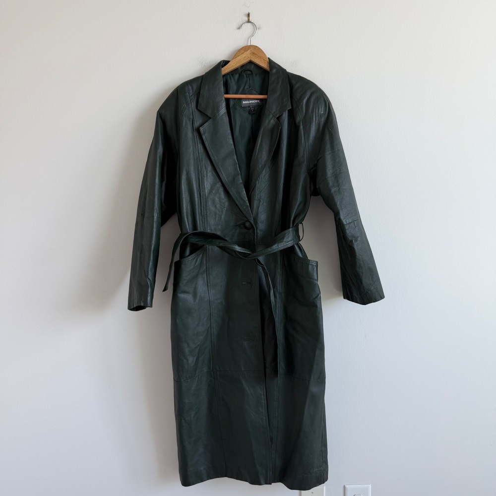 Vintage Maurices Forrest Green Genuine Leather Longline Trench Coat Size Small - Picture 3 of 14